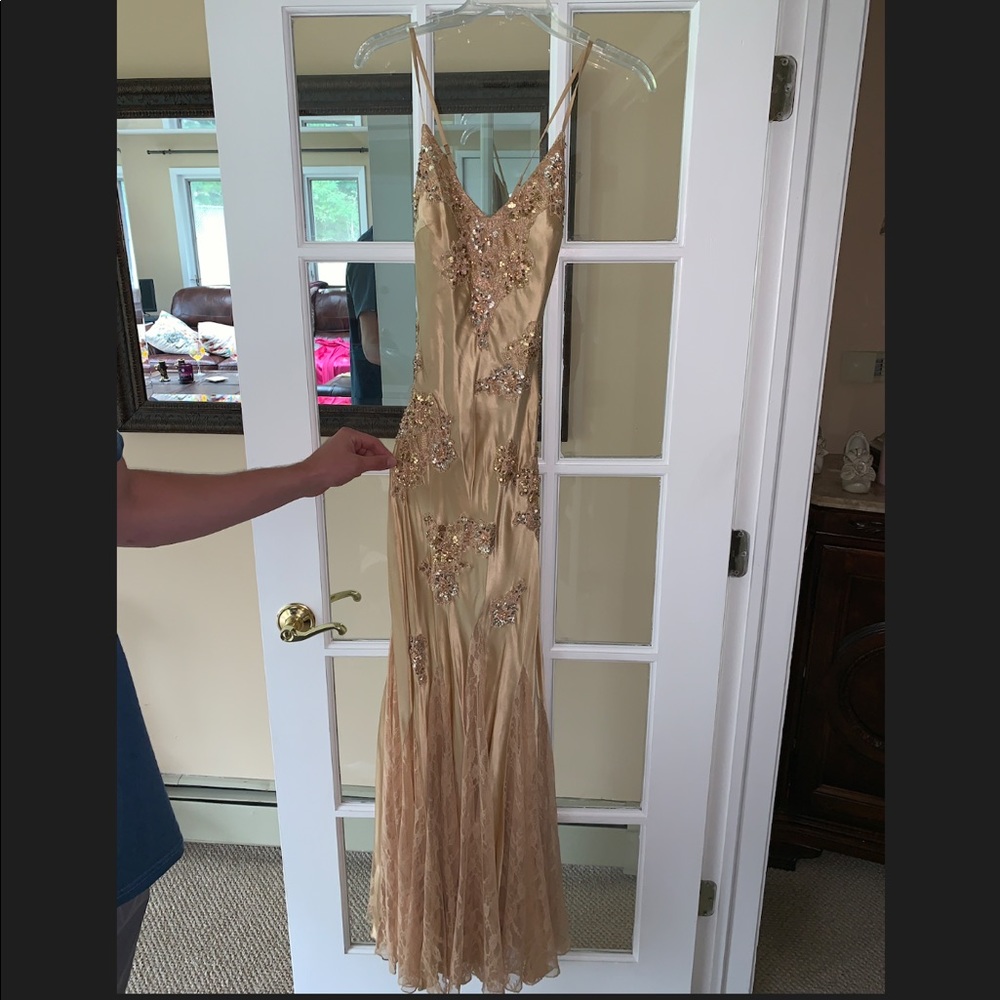 Sue Wong formal prom dress, gold/tan color